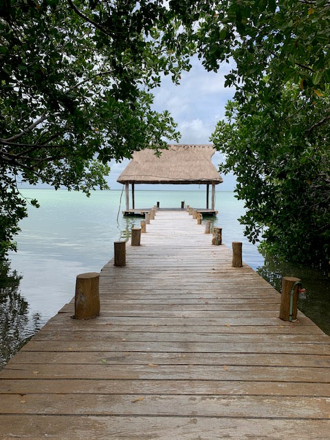 A small palapa-covered dock stretching out into the blue waters of the Sian Ka'an Biosphere Preserve.